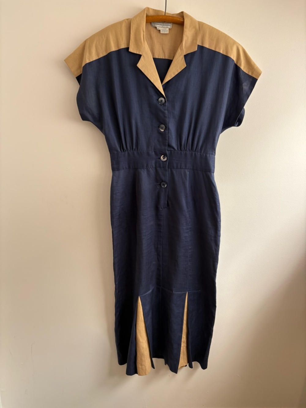 Vintage 80s Navy & Tan Two-Tone Button Front Linen Spectator Dress, sz M